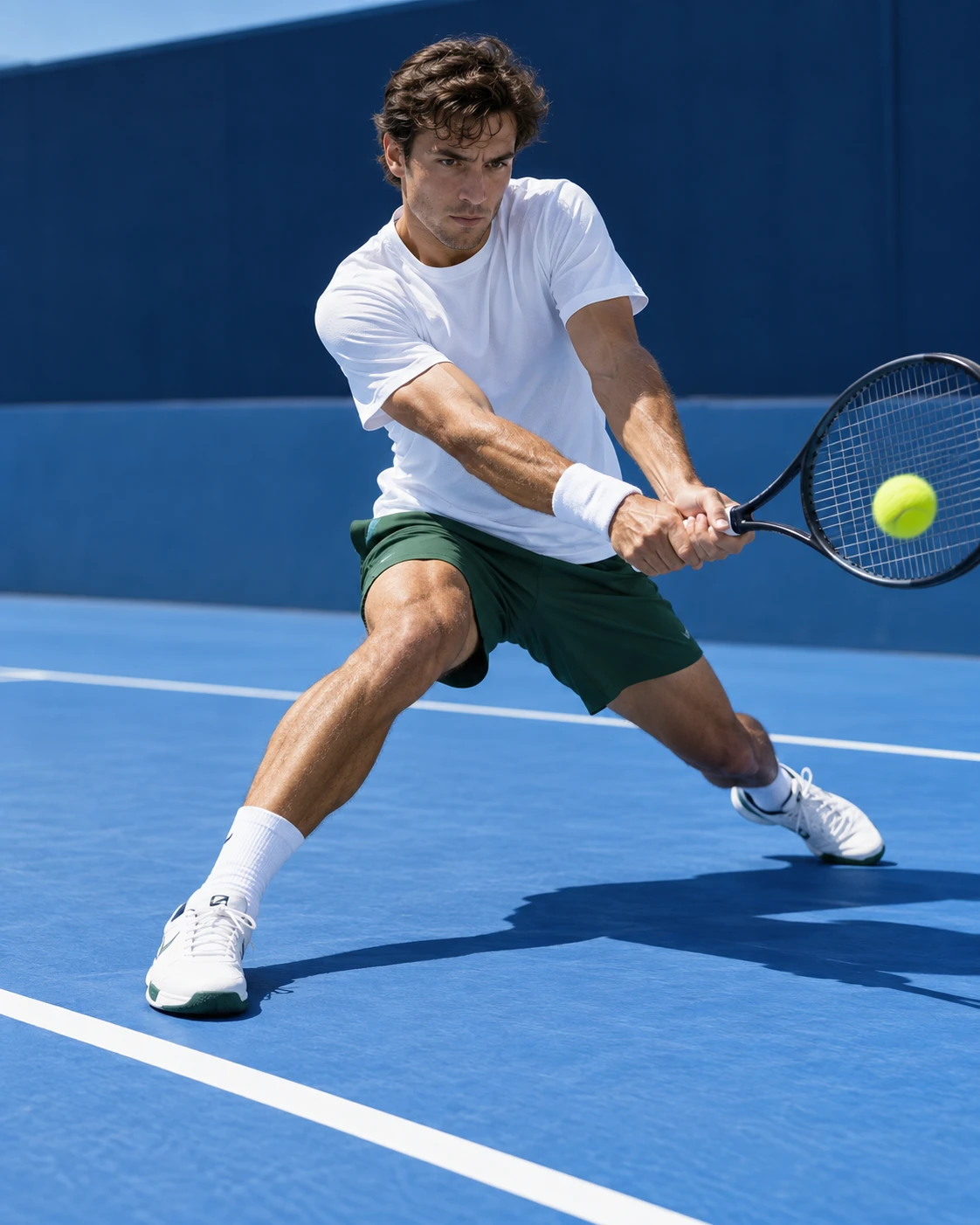 Tennis player returning a backhand on a blue court